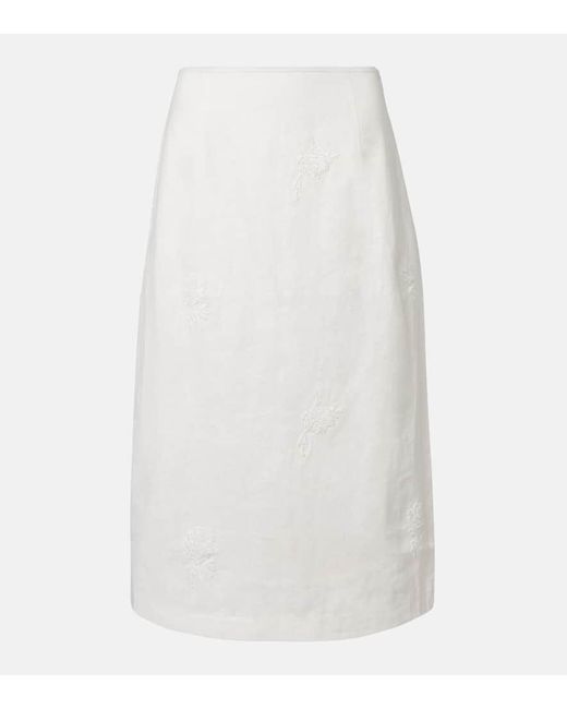 Sir White Alessandra Embroidered Linen Midi Skirt