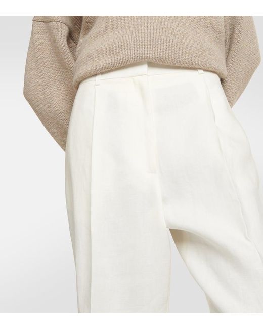 The Row White Tonnie Cropped Linen Straight Pants