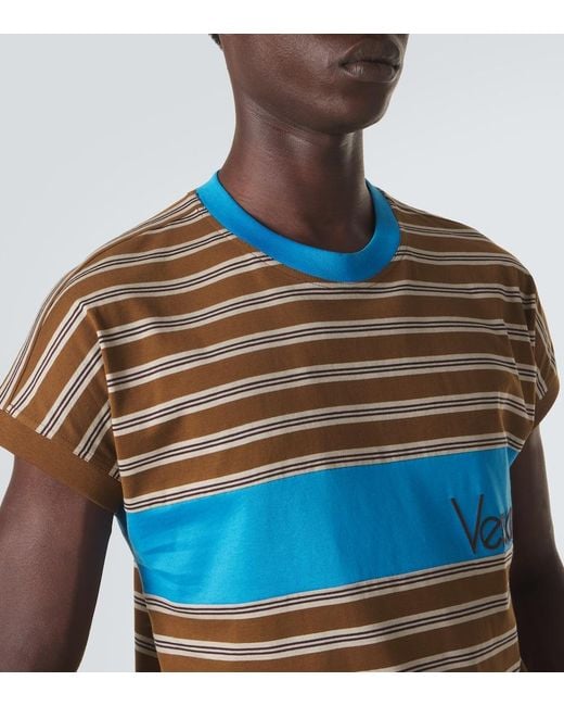 Versace Blue Logo Striped Cotton T-Shirt for men