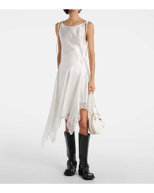 Acne White Midikleid Aus Satin Mit Spitze