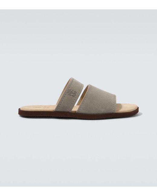 Brunello Cucinelli White Logo Suede Sandals for men