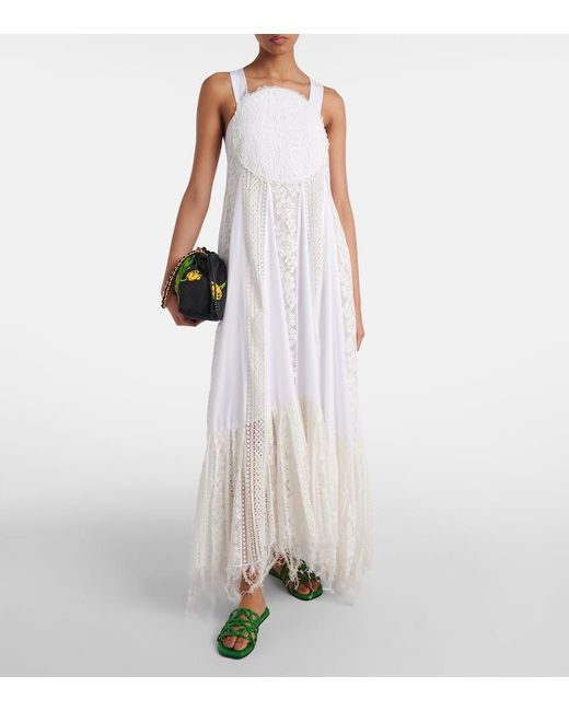 Vestido Largo De Algodon Con Encaje Loewe de color White
