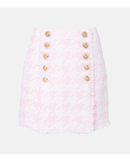 Mini-Jupe En Coton Melange A Carreaux Balmain en coloris Pink