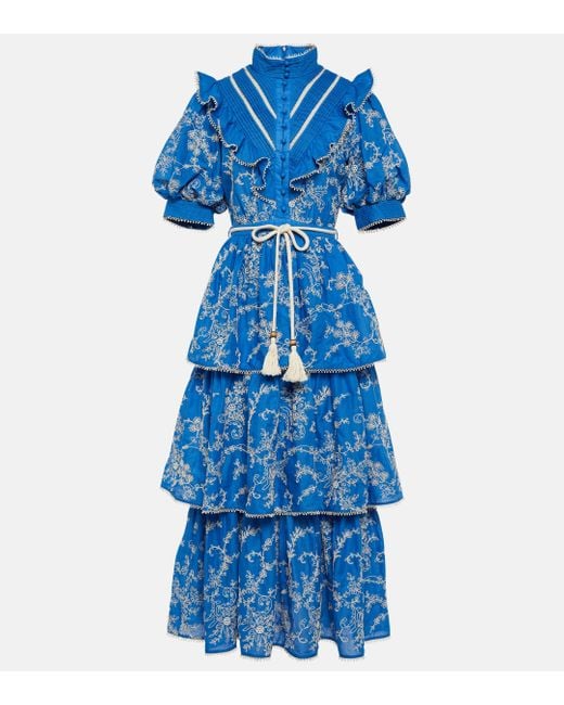 ALÉMAIS Blue Bonnie Embroidered Cotton Midi Dress
