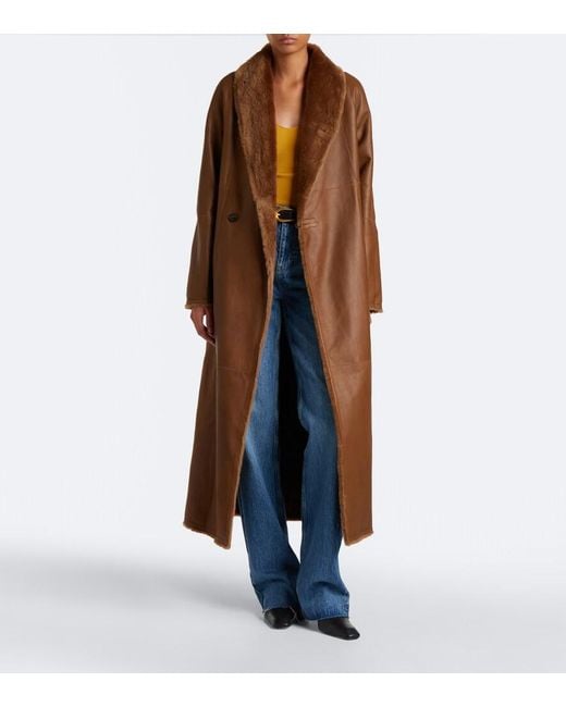 Yves Salomon Brown Reversible Shearling And Leather Wrap Coat