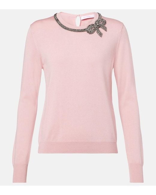 Carolina Herrera Pink Embellished Silk And Cotton Sweater