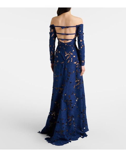 Costarellos Blue Off-Shoulder Guipure Lace Gown
