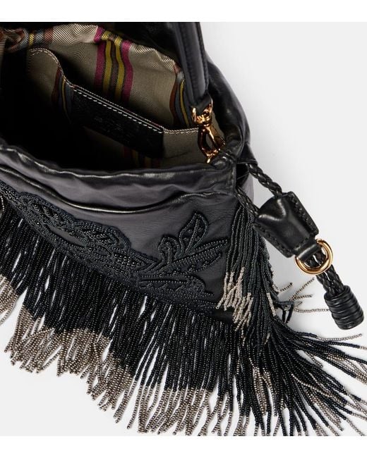 Etro Black Kalispera Small Fringed Leather Bucket Bag