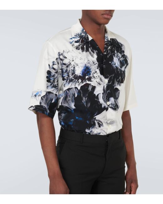 Alexander McQueen White Dutch Flower Silk Bowling Shirt for men