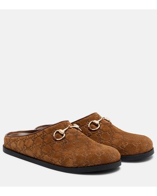 Gucci Brown Gg Horsebit Suede Mules