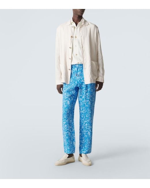 Kiton Blue Printed Linen Pants for men