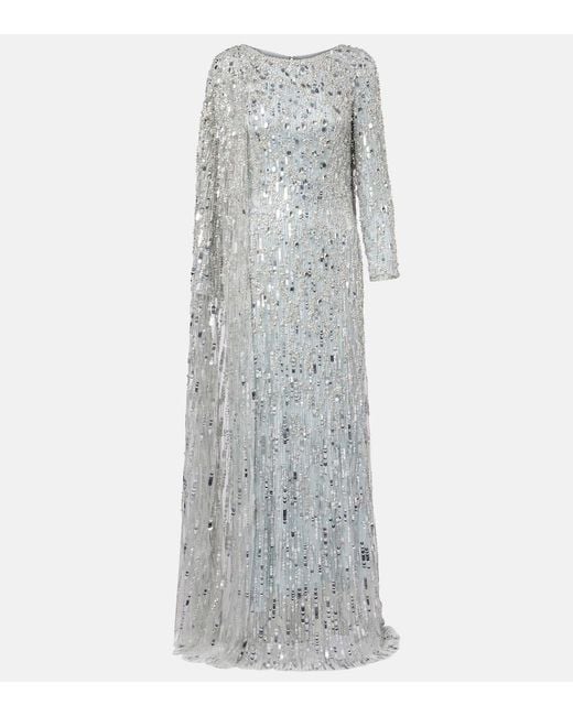 Jenny Packham Gray Pauline Embellished Caped Gown