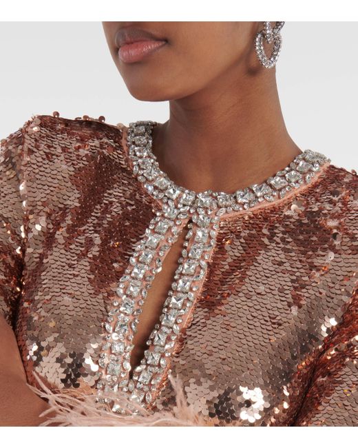 Self-Portrait Brown Sequined Feather-trimmed Gown