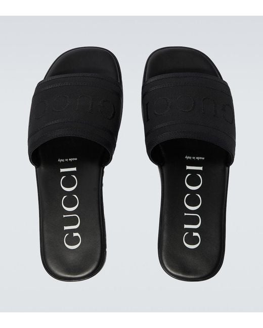 Gucci Black Logo Canvas And Leather Slides for men