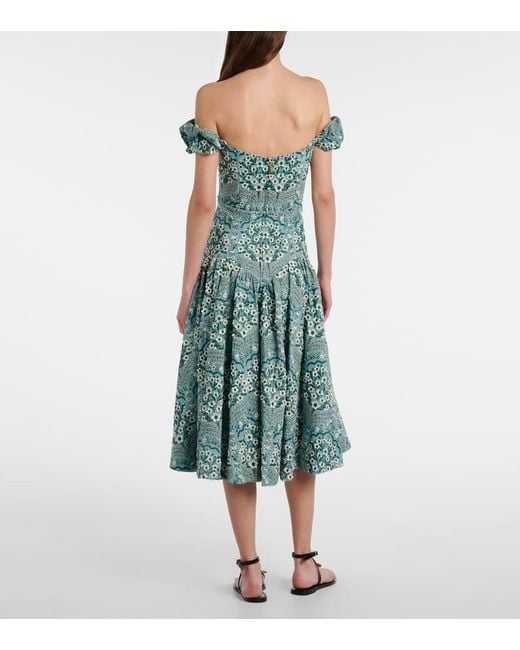 Agua Bendita Blue Siembra Embroidered Cotton Midi Dress