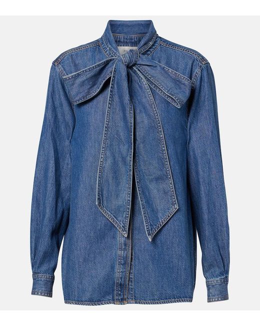 FRAME Blue Secretary Tie-Neck Denim Blouse