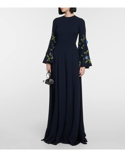Oscar de la Renta Blue Embroidered Silk-blend Gown