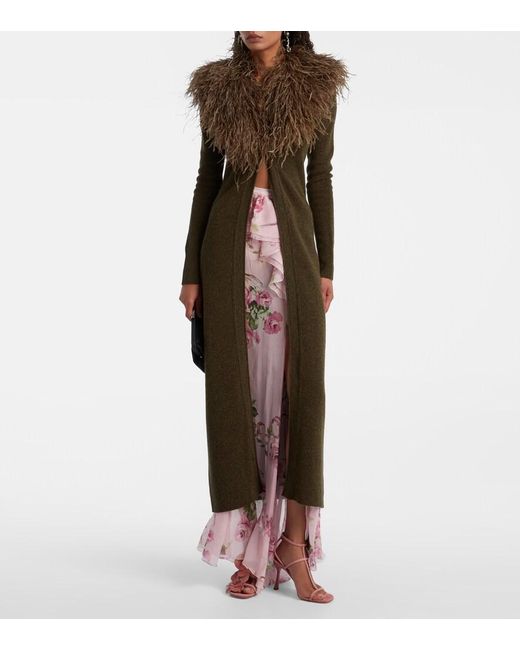 Blumarine Brown Feather-Trimmed Wool Cardigan