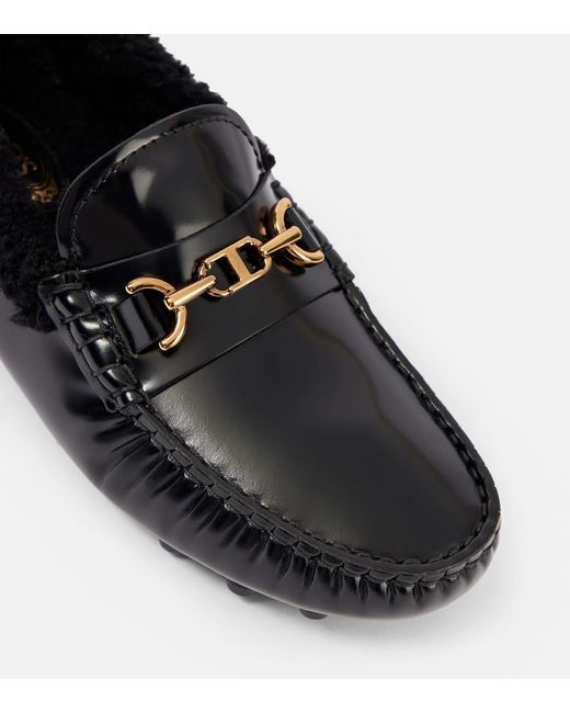 Tod's Black Mokassins Aus Leder Mit Shearling