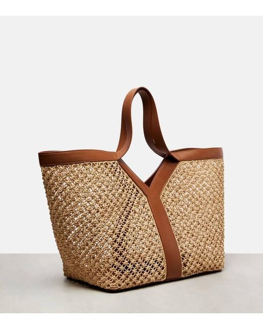 Saint Laurent Brown Y Leather-Trimmed Raffia Shopper