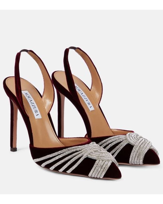 Aquazzura Brown Gatsby 105 Embellished Velvet Slingback Pumps
