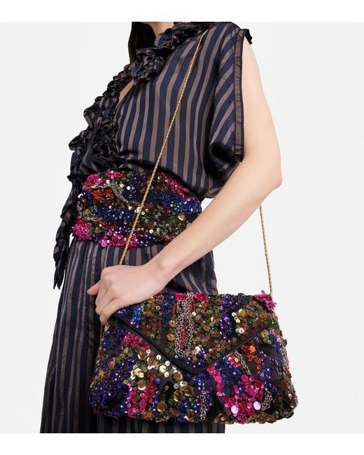 Dries Van Noten Purple Envelope Medium Sequined Satin Clutch