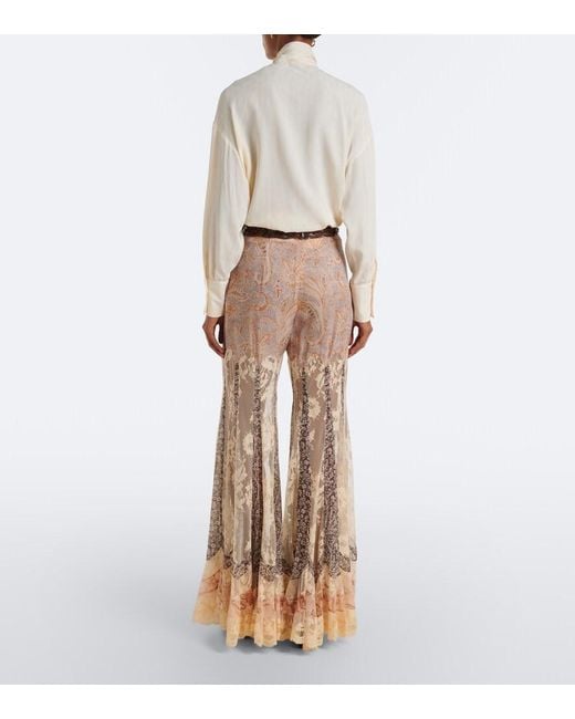 Zimmermann Natural Valiant Paneled Silk And Lace Wide-Leg Pants