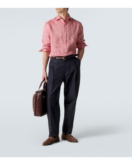 Brunello Cucinelli Blue Panama Cotton And Linen Tapered Pants for men