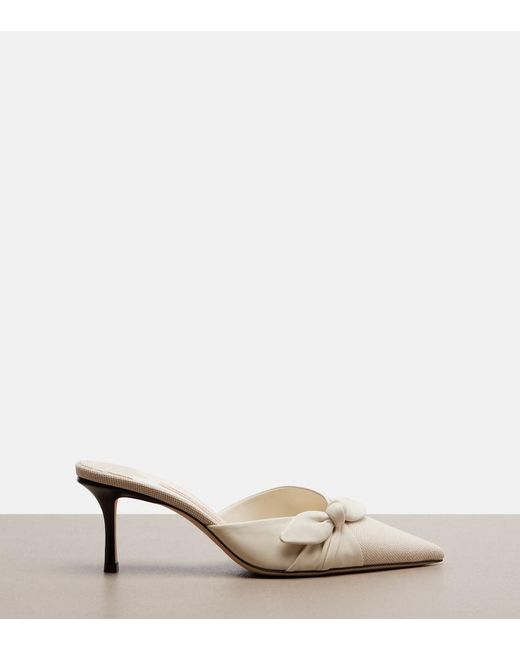 Jimmy Choo White Livi Bow-Detail Leather-Trimmed Canvas Mules
