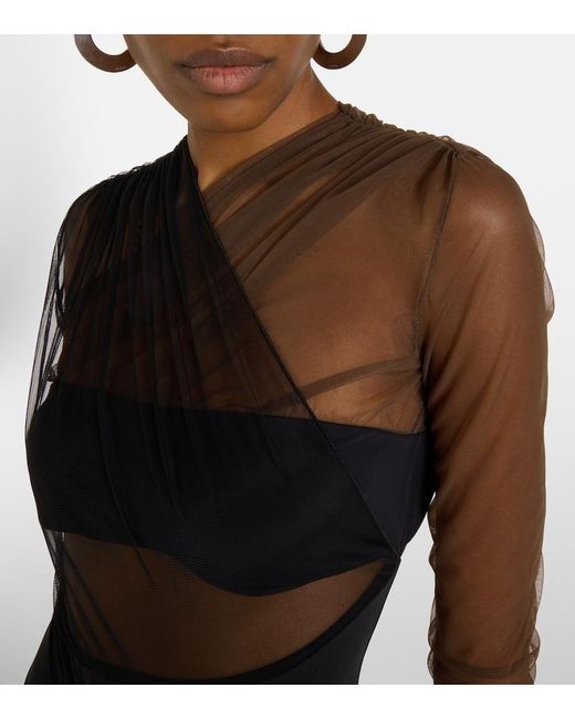 Nensi Dojaka Black Cutout Ruched Sheer Bodysuit