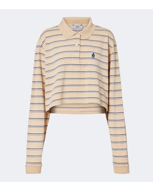 Prada Natural Logo Striped Cotton Pique Polo Shirt