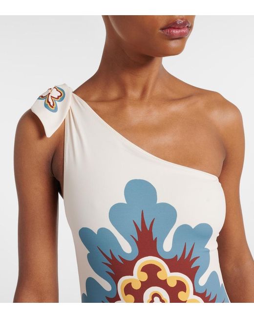 LaDoubleJ White Goddess Printed One-Shoulder Swimsuit