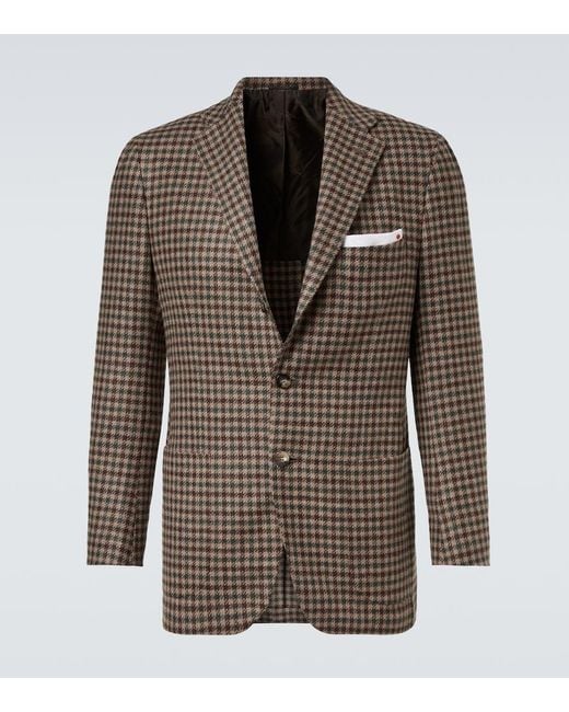 Kiton Brown Checked Wool, Silk, And Linen Blazer for men