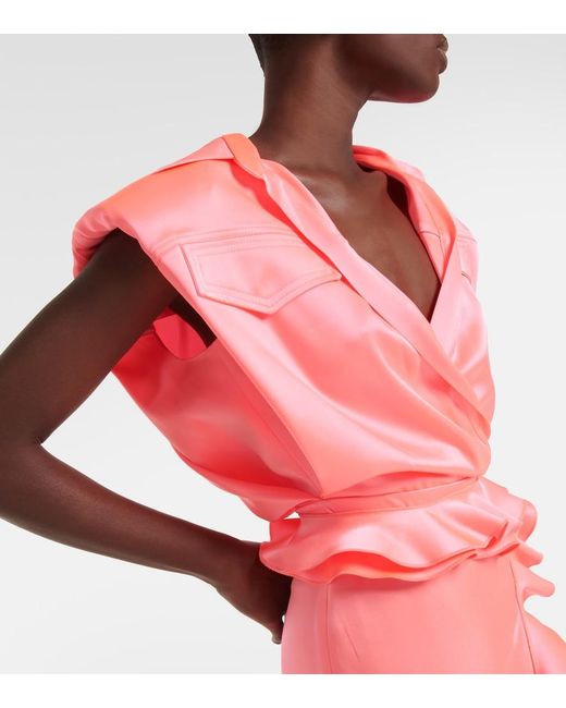 David Koma Pink Padded Shoulders Ruffle Wrap Gown