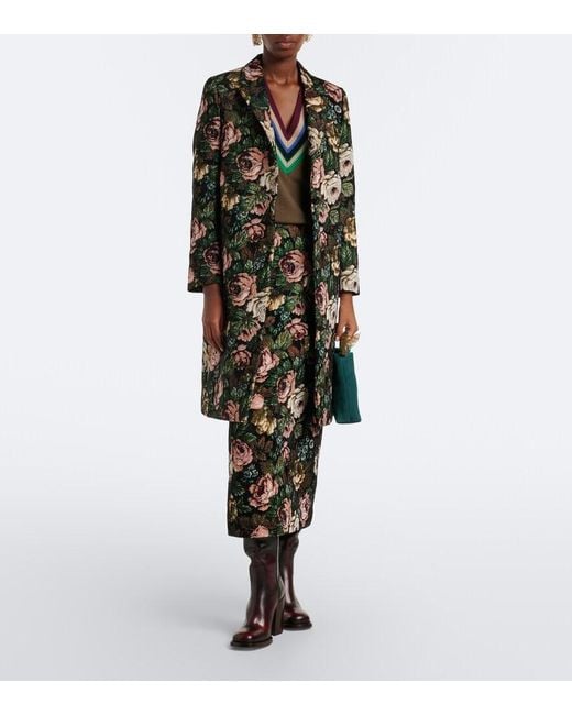 Dries Van Noten Green Floral Jacquard Midi Skirt