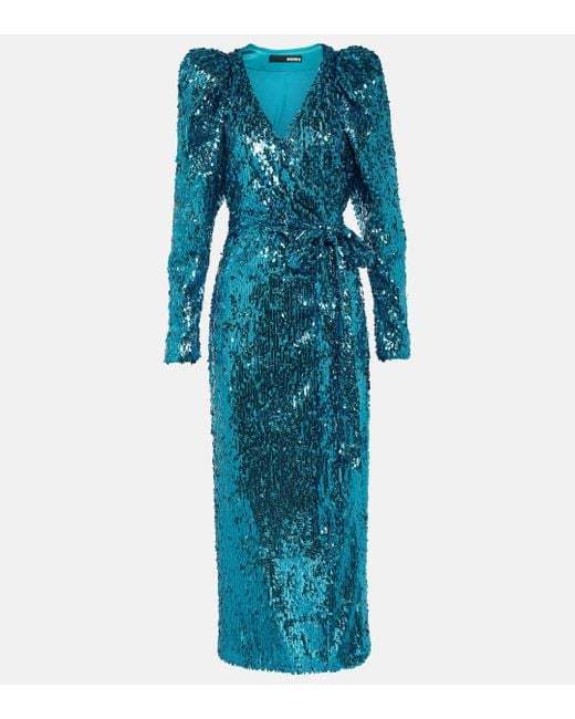 ROTATE BIRGER CHRISTENSEN Blue Puff-sleeve Sequined Wrap Dress