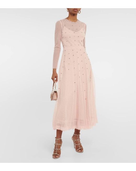 RED Valentino Natural Embellished Point D'esprit Tulle Midi Dress