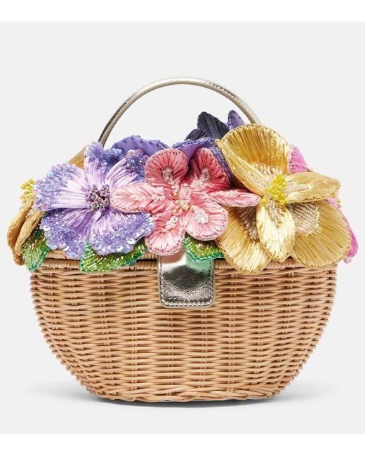 Judith Leiber Pink Dorothy Floral-Applique Wicker Top-Handle Bag