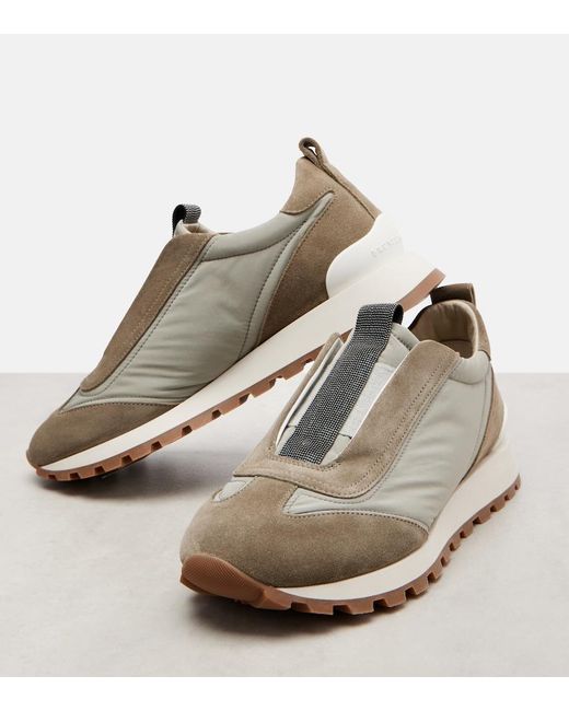 Brunello Cucinelli Gray Monili Suede-Trimmed Sneakers