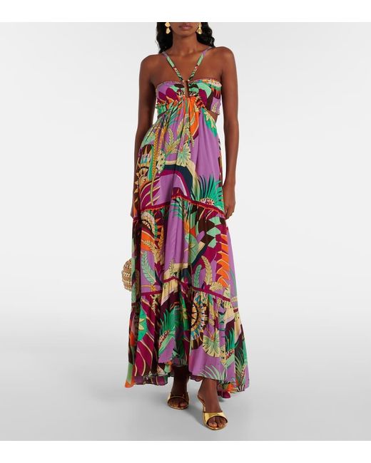 Camilla White Gathered Printed Silk Cutout Maxi Dress