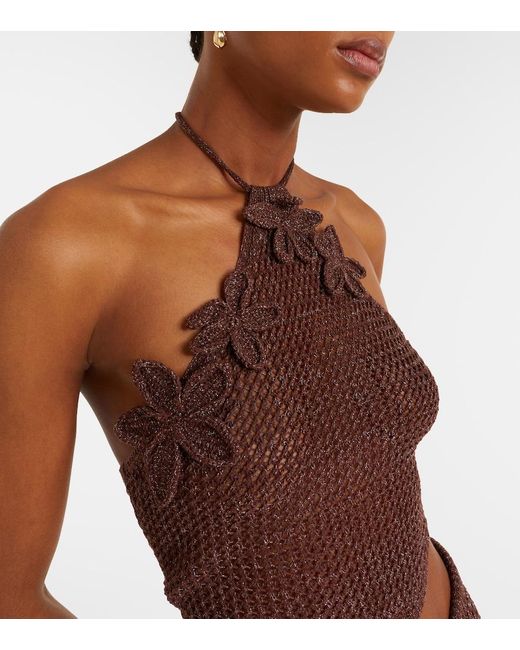 Bananhot Brown Cori Open-Knit Halterneck Lame Crop Top