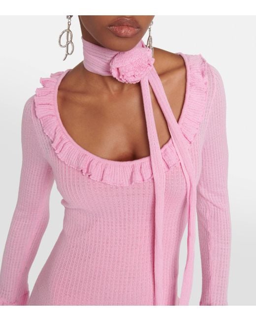 Blumarine Pink Ruffled Wool Midi Dress