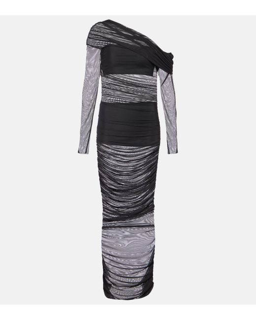 The Sei Black One-shoulder Ruched Mesh Midi Dress