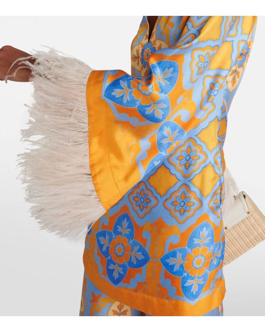 LaDoubleJ Orange Printed Feather-trimmed Silk Minidress