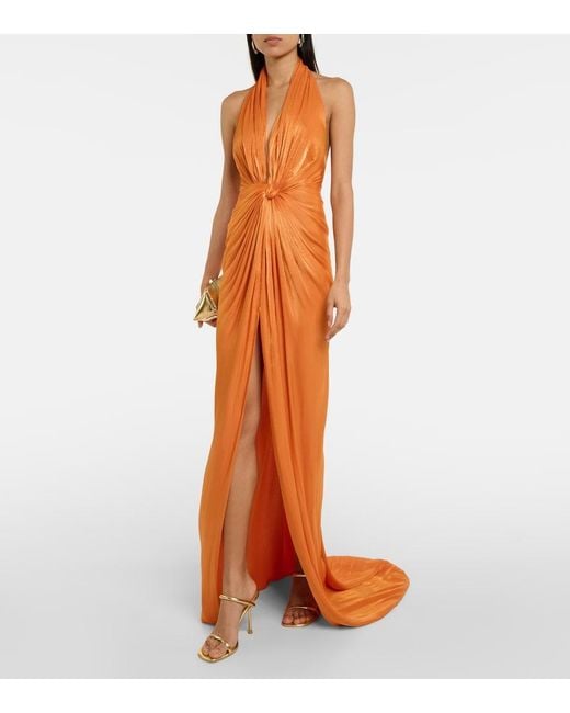 Costarellos Orange Colette Gathered Halterneck Silk Gown