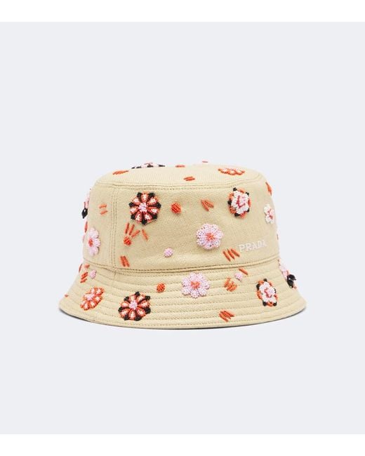 Prada Natural Embroidered Canvas Bucket Hat