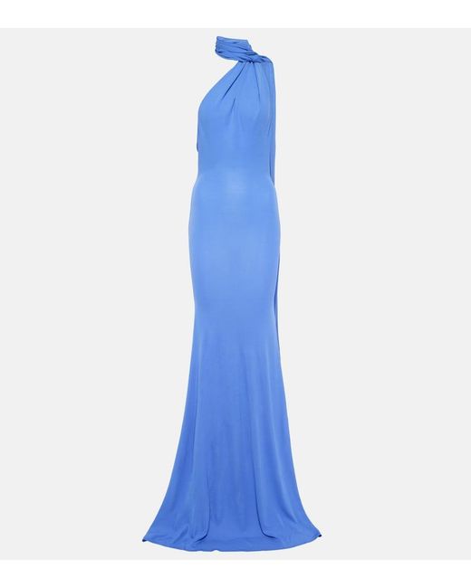 Alex Perry Blue Scarf-Detail Open-Back Jersey Gown