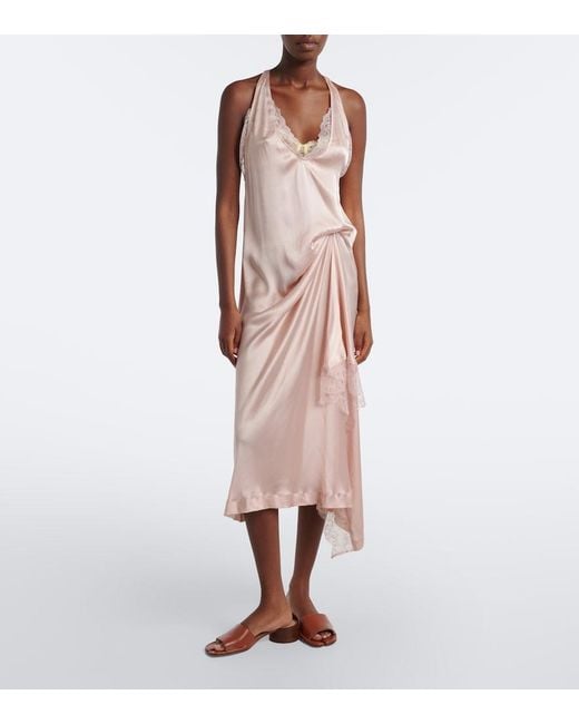 Maison Margiela Pink Gathered Lace-Trimmed Satin Slip Dress