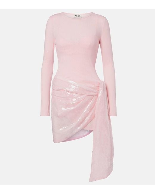 Area Pink Pointelle Sequined Draped Minidress