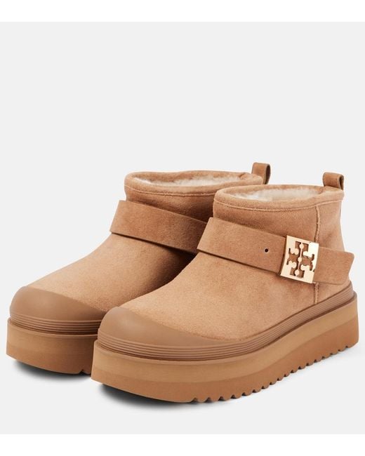 Tory Burch Brown Mellow Shearling-Lined Suede Platform Ankle Boots